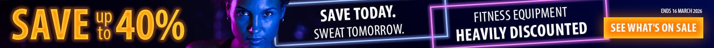 Ad banner with neon colours on a dark background. In the middle is a person holding a dumbbell. To their left and right, texts read: "Sweat today. Save tomorrow. Fitness equipment heavily discounted. Save up to 40%. Ends 16 March 2026. See what's on sale."